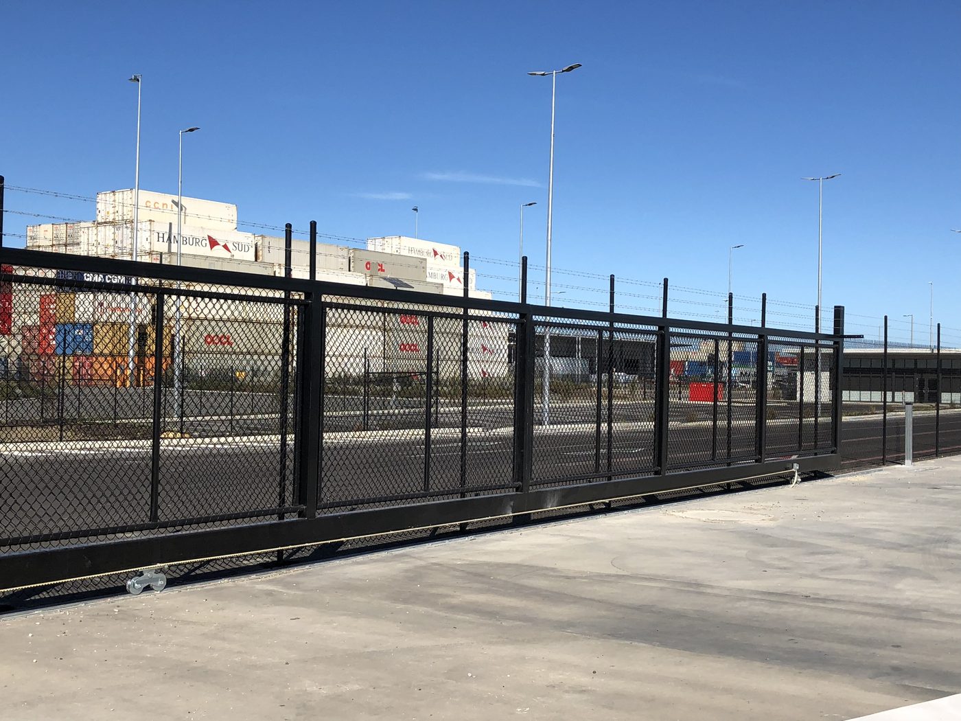 The 23 m sliding gate on its track at the Rous Head container yard